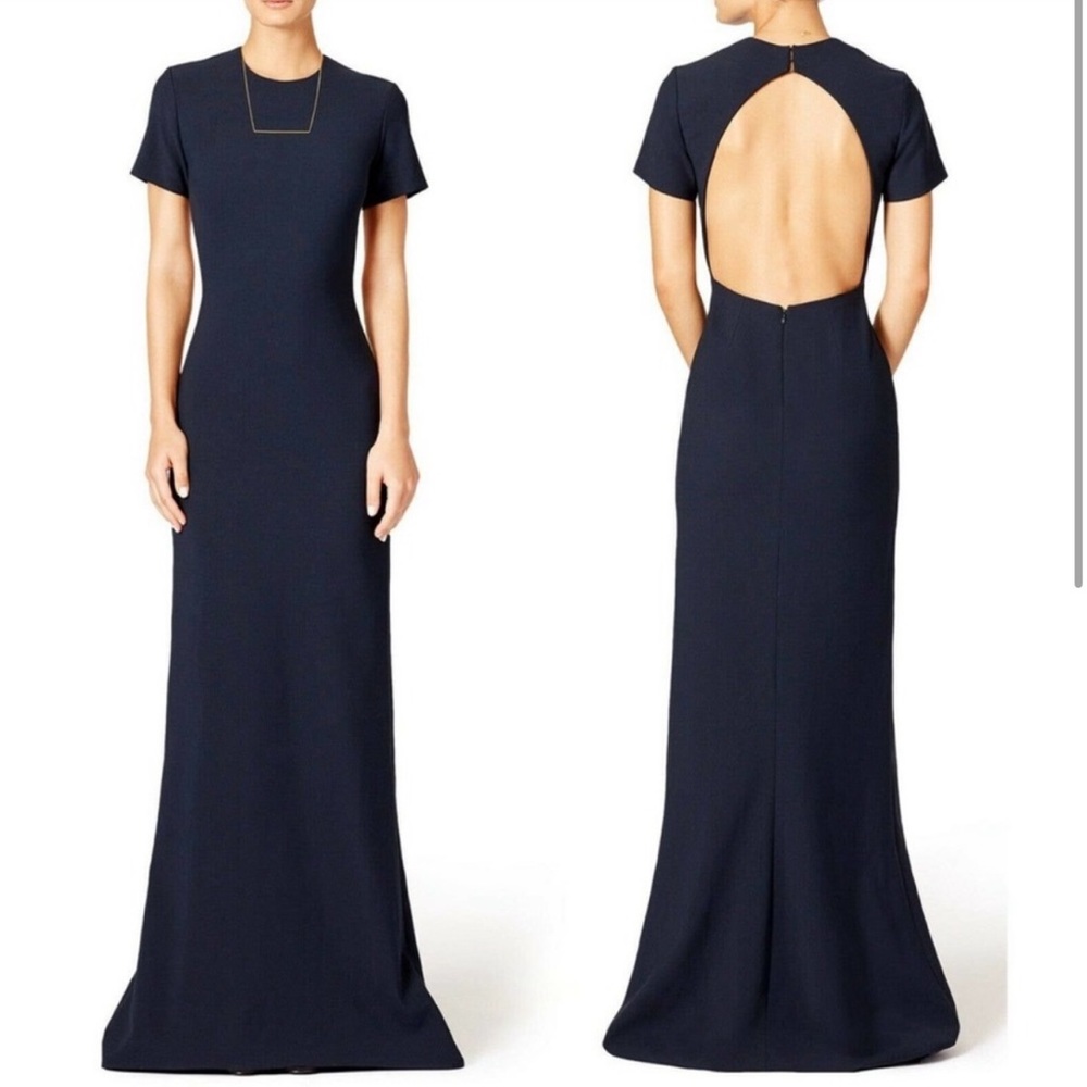 Elizabeth and James Navy Long Backless Short Sleeve Gown Size 0